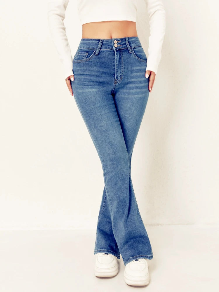 2026 Women's Jeans High Waisted Double Button Elastic Slightly Flared American Style Casual Versatile Washed Denim Trousers