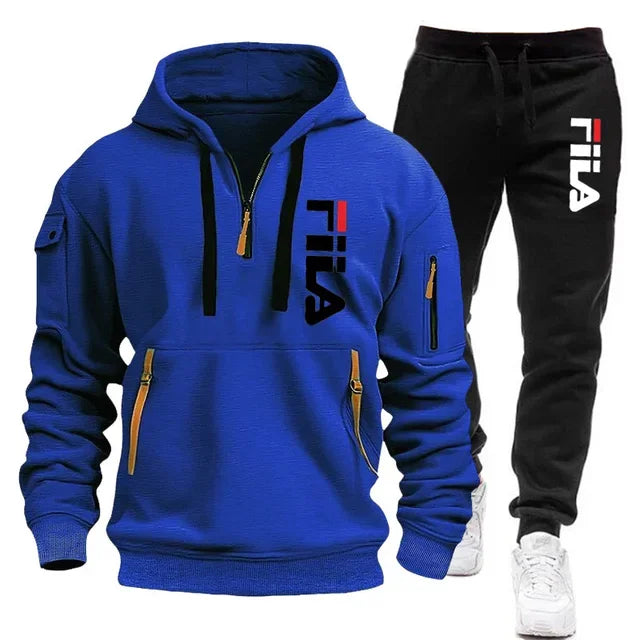 FILA 2026 Men's Autumn Winter Hoodie & Pants Set – Two-Piece Pullover Sportswear, Outdoor Multi-Pocket Sweatshirt