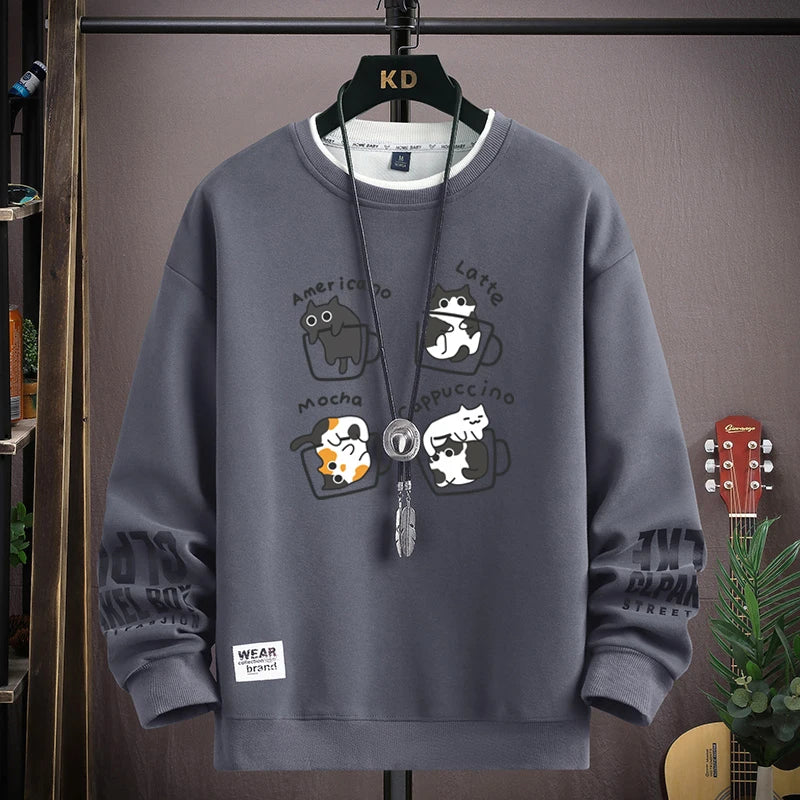 Men's Sweatshirt Streetwear Cat Coffee Printed Long Sleeve T-shirt Fashion Men's Clothing Casual Crew Neck Harajuku Top 2024 New