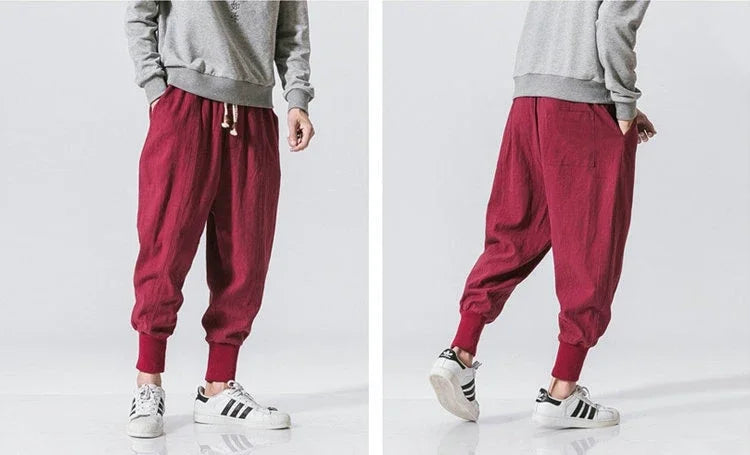 Men’s Cotton Linen Harem Pants - Baggy Drop-Crotch Streetwear Joggers