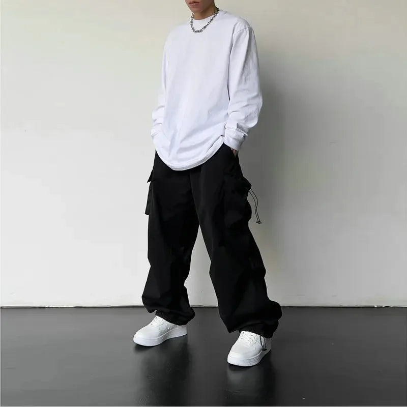Men’s Streetwear Cargo Pants - Wide-Leg Loose Fit Trousers with Drawstring