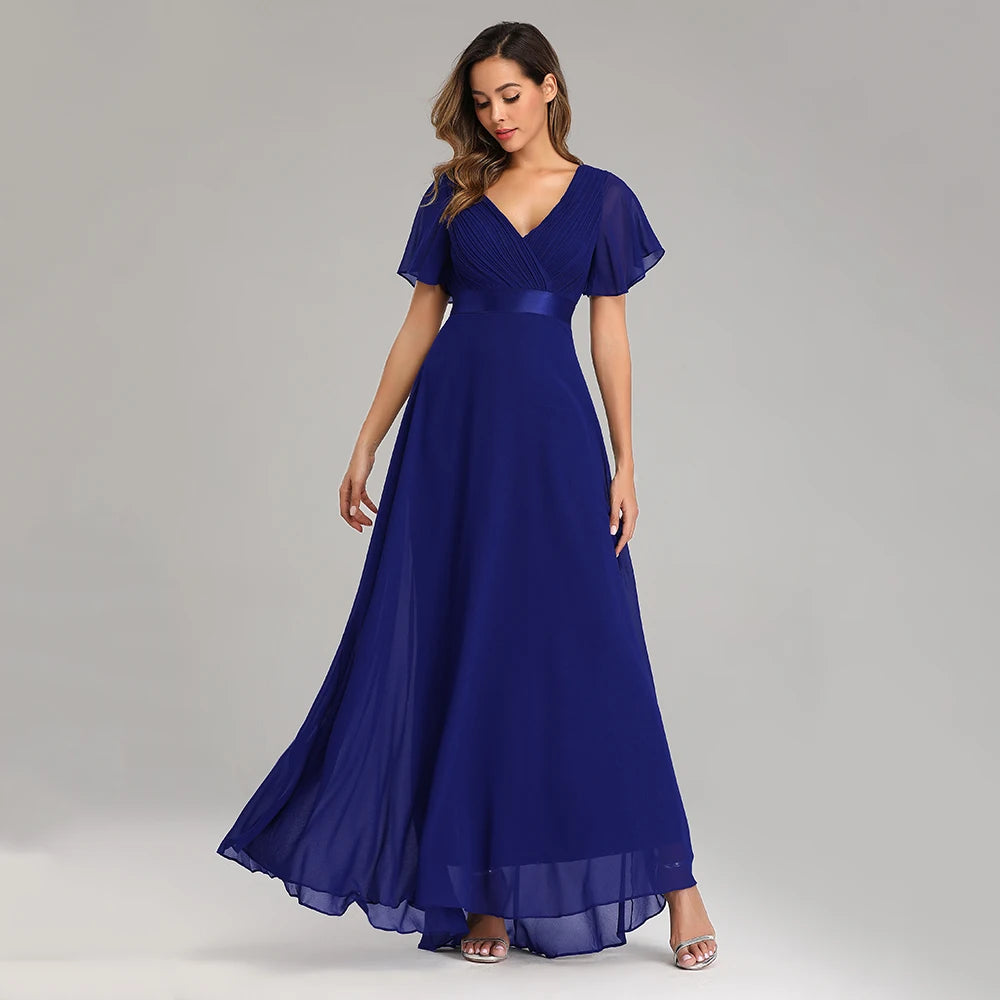 XUCTHHC Women's Elegant V-Neck Chiffon Evening Gown - Ruffle Formal Wedding Guest Dress