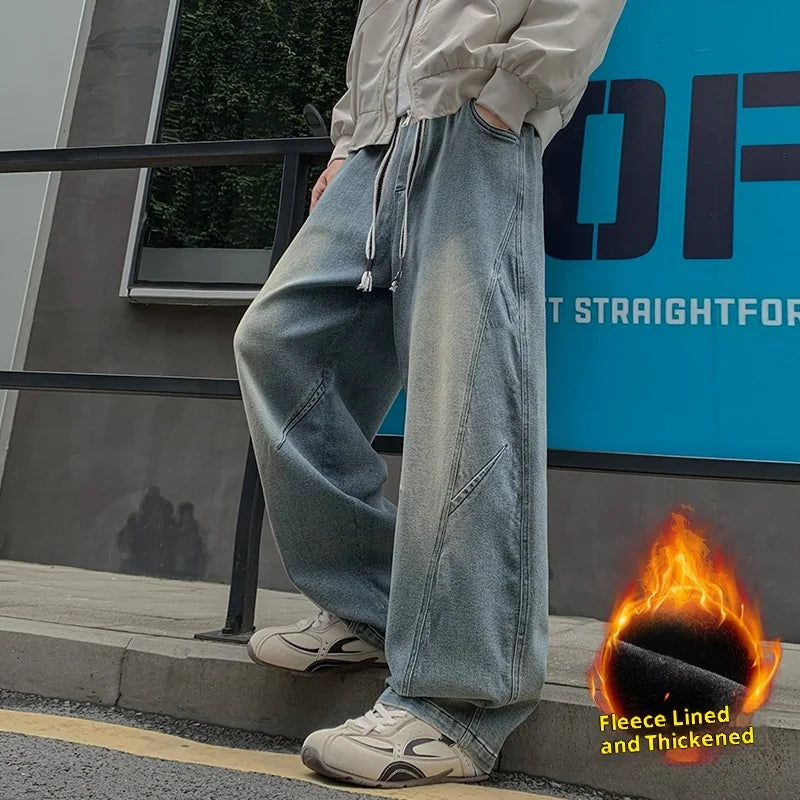 Men's Fleece-Lined Wide Leg Jeans - Loose Fit Winter Denim