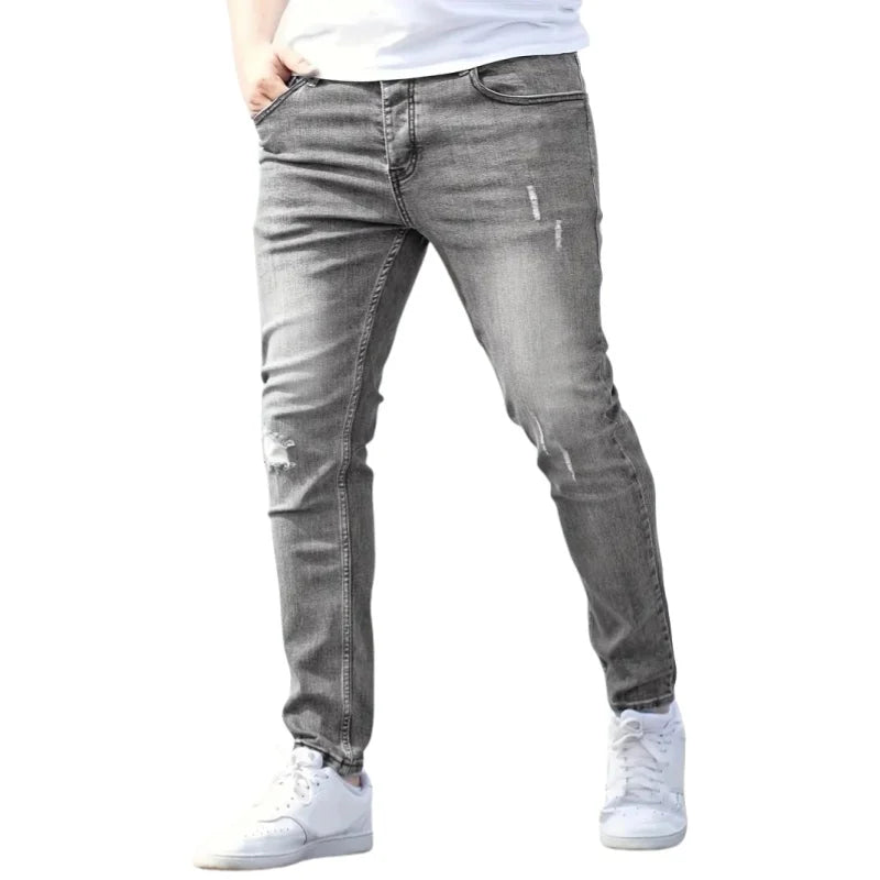 Ripped Jeans Men Skinny Light Blue High Street Style Male Jeans Elasticity Slim Fit Frayed Casual Men Pants Trousers Biker Jeans