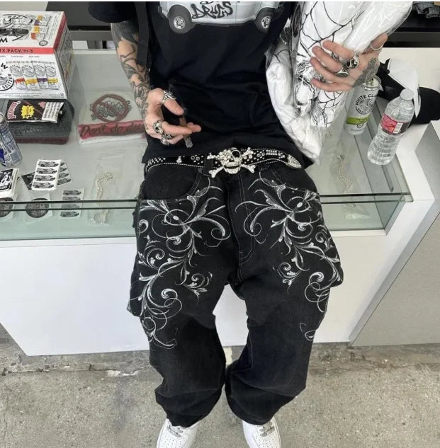 Mens Embroidered Hip Hop Wide Leg Y2K Mid Waist Gothic Retro Fashion Trousers