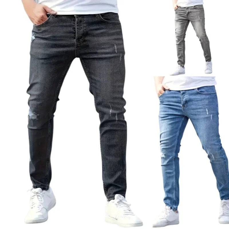 Ripped Jeans Men Skinny Light Blue High Street Style Male Jeans Elasticity Slim Fit Frayed Casual Men Pants Trousers Biker Jeans