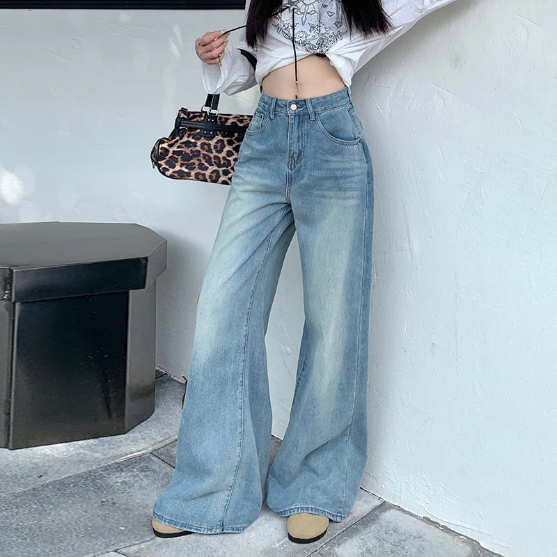 Womens Jeans Denim Pants 2025 Euramerican High Waist Girl Style Colorful Straight Leg Wide Leg Trousers