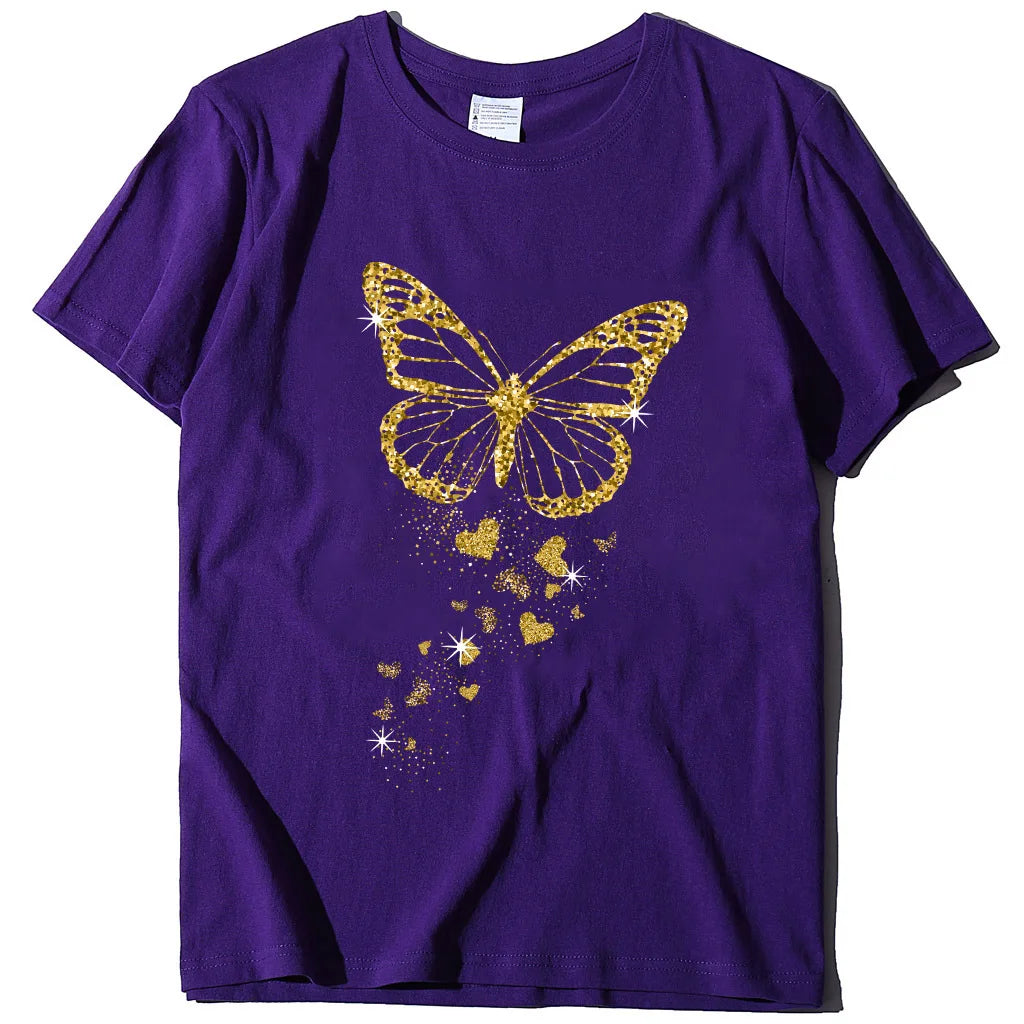 Golden Butterfly Print Women’s Casual T Shirt Short Sleeve O Neck Top