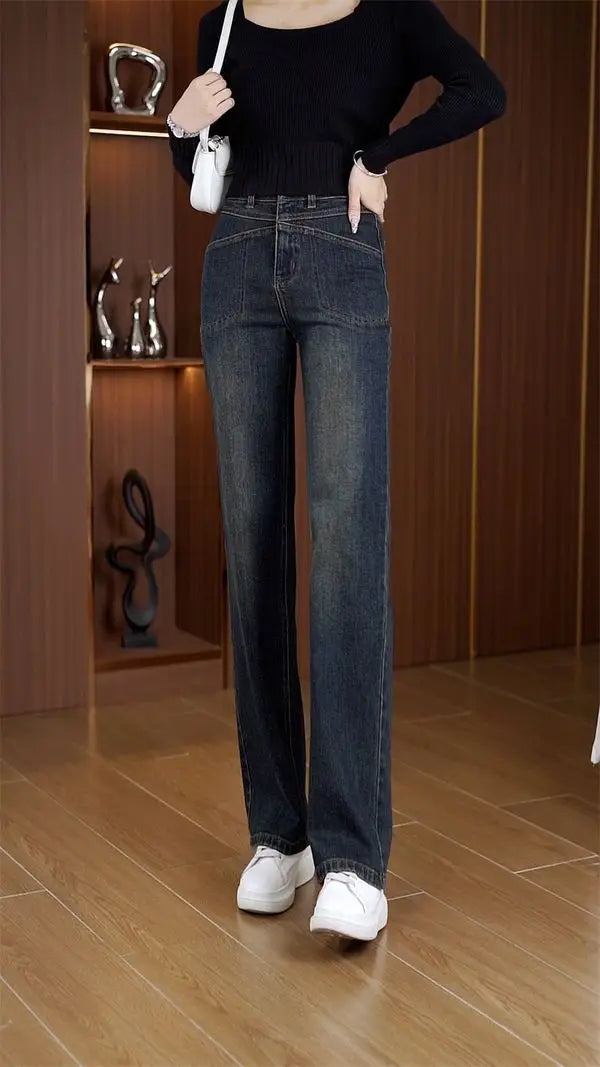 Women's Narrow Straight Leg Jeans  Fall Winter New Plush Lined Thick Korean Retro Relaxed Casual Trousers High Waist Flattering