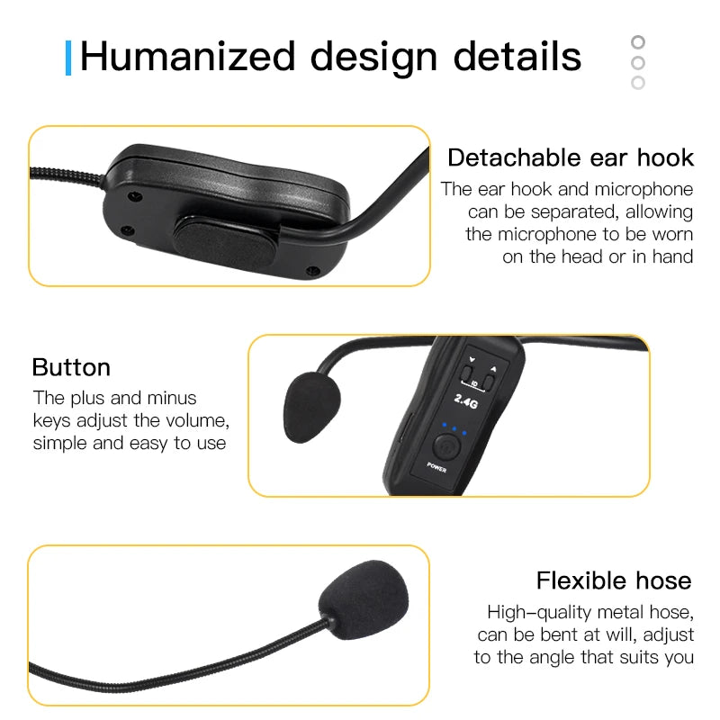 2.4GHz Wireless Lavalier Microphone Head-mounted Microphone Set with Receiver for Amplifier Voice Speaker Teaching Tour Guide