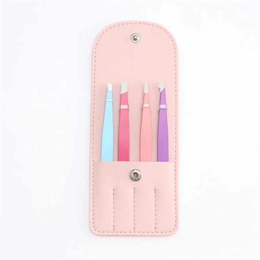 Christmas Gift Beauty Tweezers 4-piece Set Of Colorful Stainless Steel Professional Eyebrow Clip False Eyelash Makeup Tools - trendingshoping.com