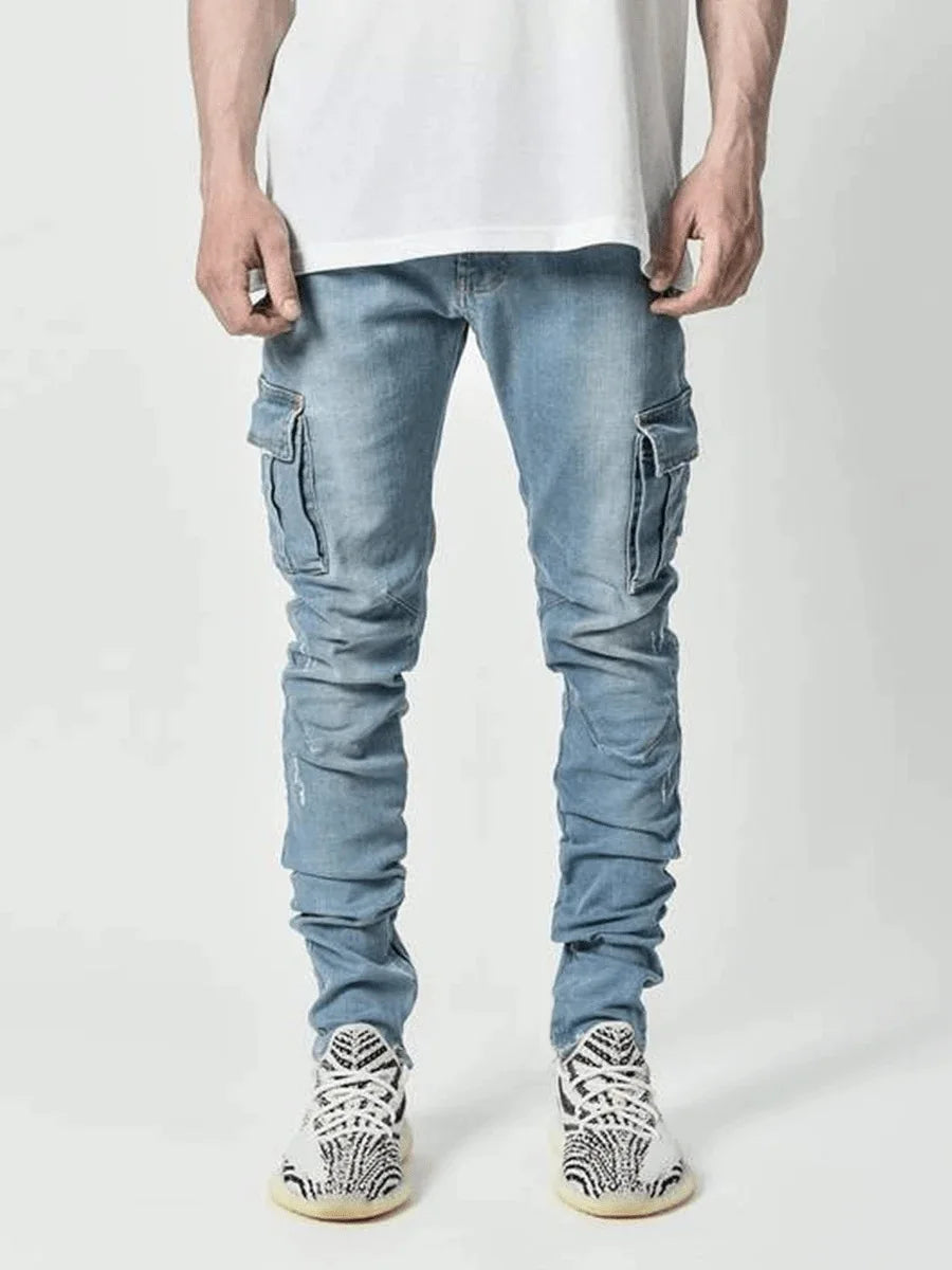 Jeans Men Black Cargo Multi Pocket Denim Pants Blue Slim Fit Overol Hombre Fashion Casual Streetwear Trousers