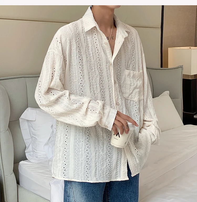 Men's Mesh Long Sleeve Shirt - Sexy Hollow Out Vacation Button-Down