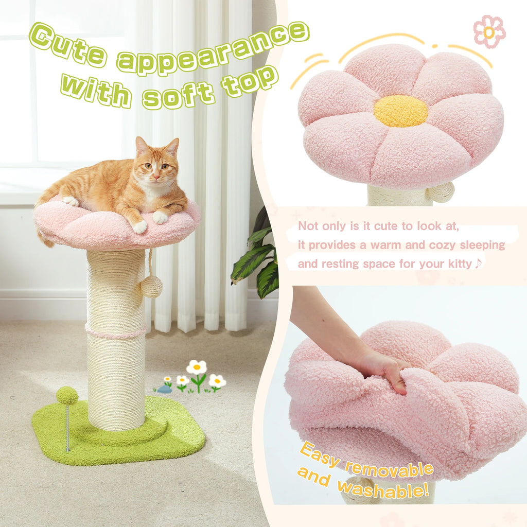 Flower Cat Scratching Post Small Cat Tree Tower Cat Scratcher for Indoor Cats with Super Thick Scratching Post Removable Cat Bed - trendingshoping.com