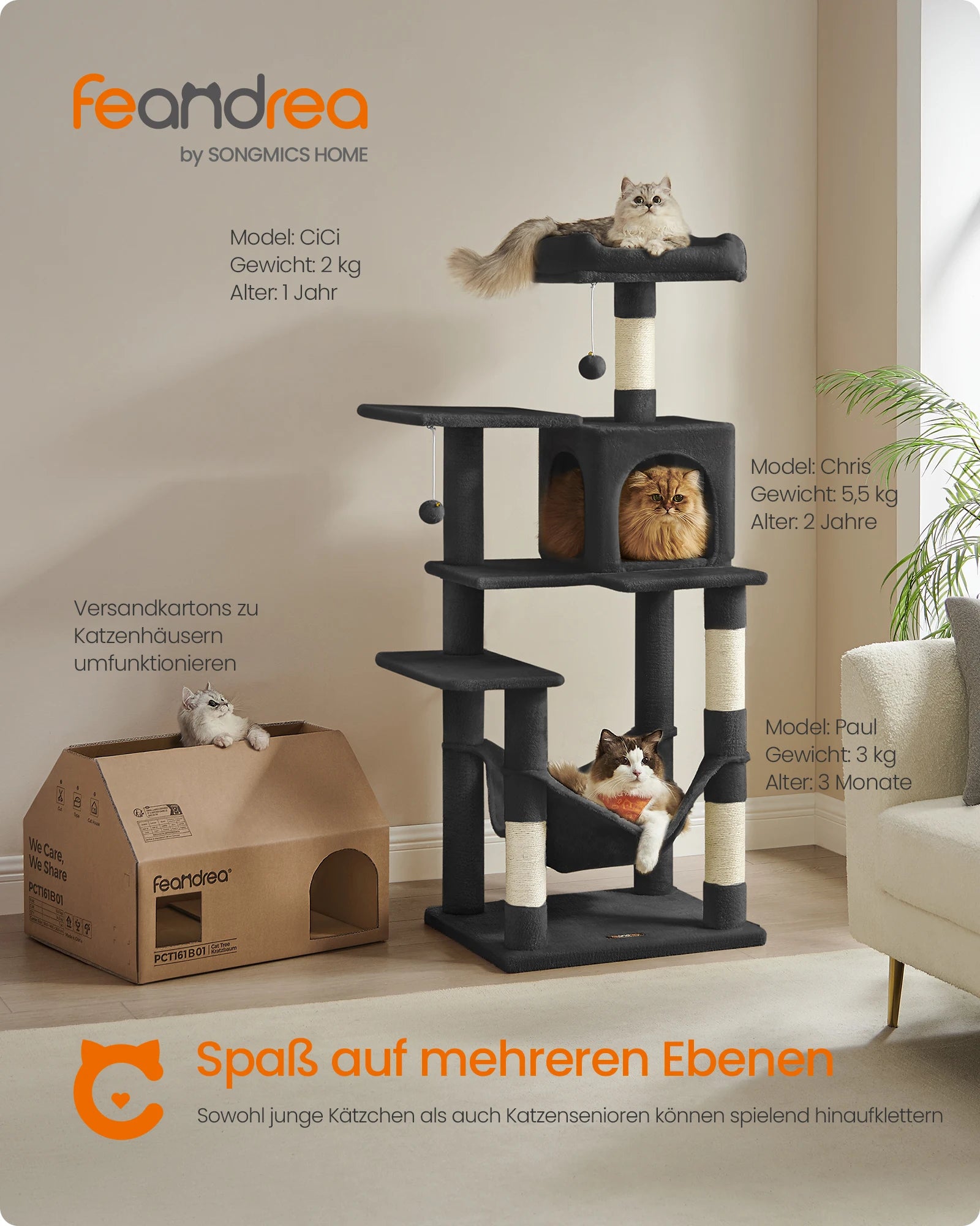 Feandrea scratching post, 143 cm high, cat tree, multi-storey cat house, with 4 scratching pillars, 2 platforms, hammock, Cave - trendingshoping.com