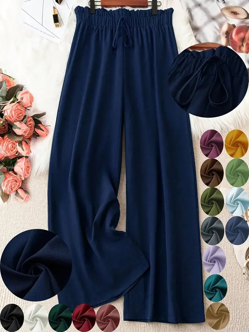 Fashionable Fake Drawstring Solid Color Spring and Summer Casual Wide-Leg Trousers
