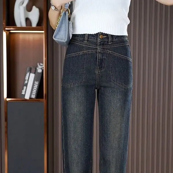 Women's Narrow Straight Leg Jeans  Fall Winter New Plush Lined Thick Korean Retro Relaxed Casual Trousers High Waist Flattering