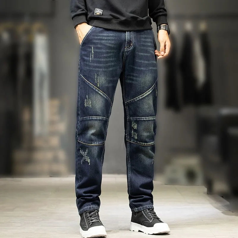 Jeans For Men Straight Baggy Large Size Korean Version Loose Washed Ripped Denim Slim Trousers