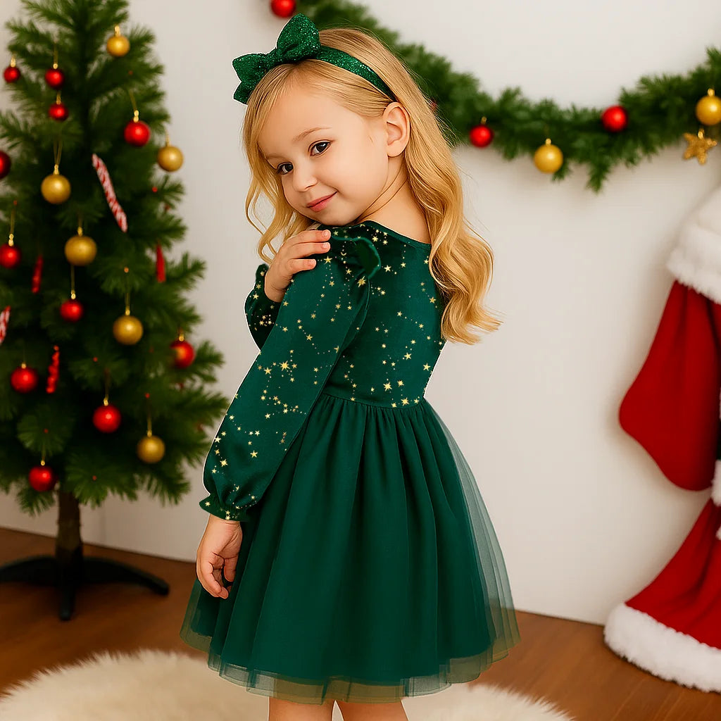 Girls Autumn Winter Velvet Long Sleeve Princess Dress With Mesh Bow Party Festive Wear