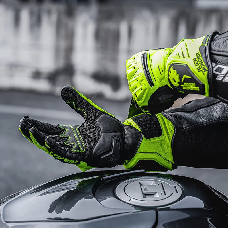 Motorcycle Gloves Full Finger Genuine Leather Long Abrasion-Resistant Riding Gloves with Knuckle Wrist Protection