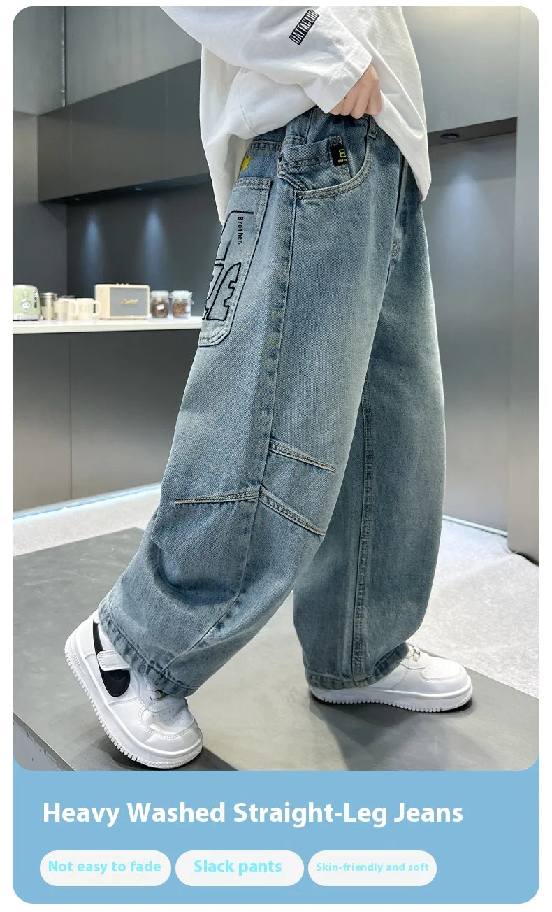 Kids Straight Wide Leg Workwear Jeans Casual Pants