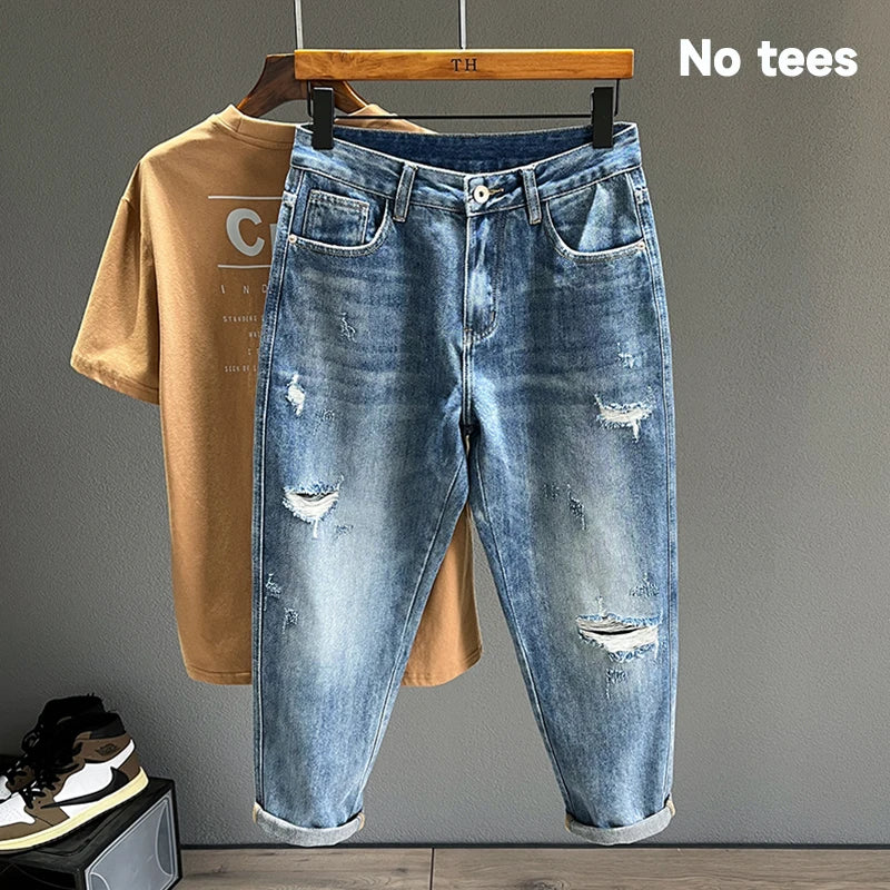 Ripped Jeans Men New Personality Fashion Vintage Blue Streetwear Baggy Denim Pants Casual Tapered Hole Frayed Trousers Male