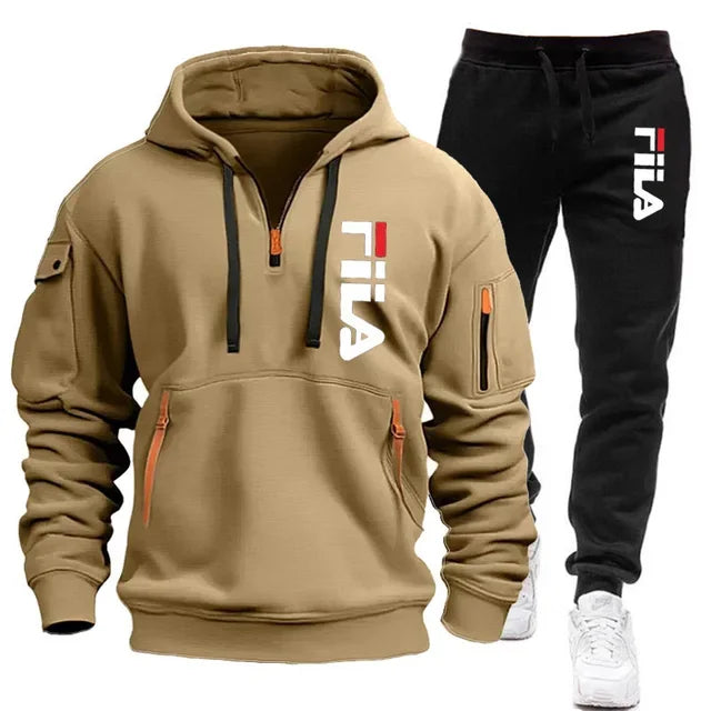 FILA 2026 Men's Autumn Winter Hoodie & Pants Set – Two-Piece Pullover Sportswear, Outdoor Multi-Pocket Sweatshirt