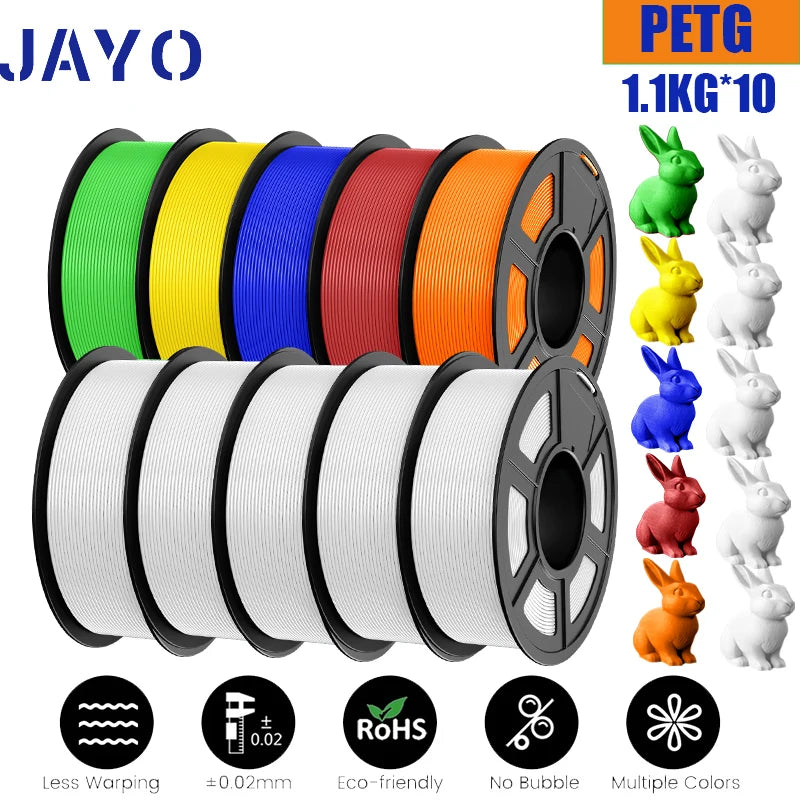 JAYO petg Filament 3d PETG 1.75mm 10Rolls Neatly Wound Toughness no bubbles 3D Printer Filament for FDM Muticolor 1.1KG /roll - trendingshoping.com