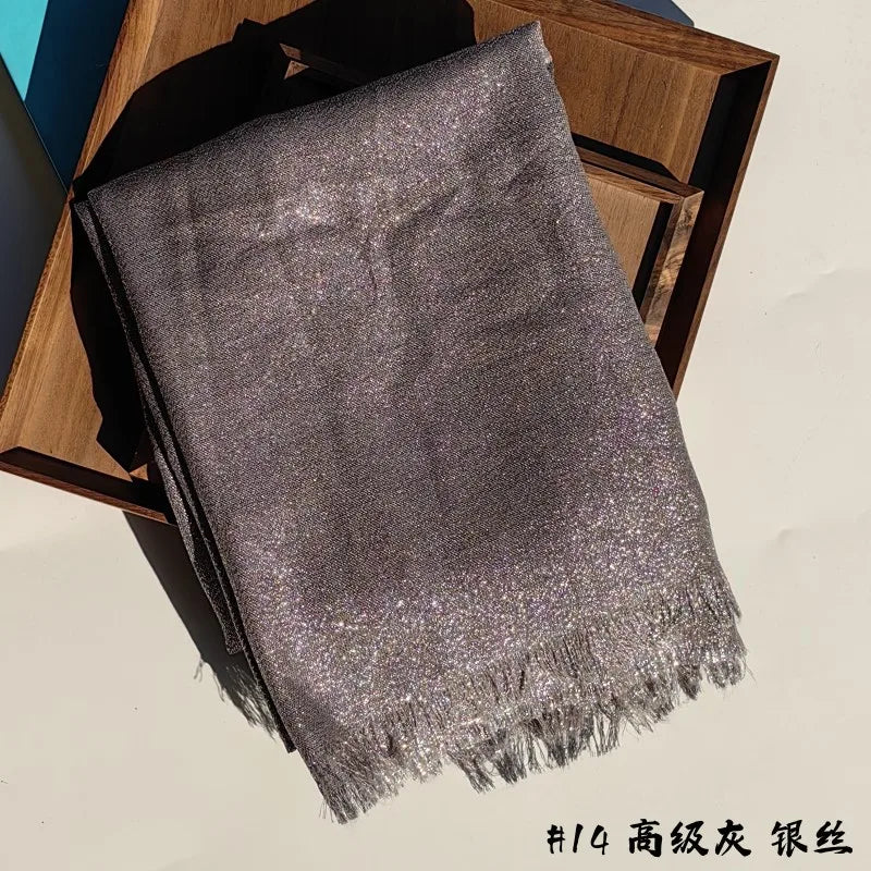 Lastest Brand Design Scarf Shiny Solid Color Shawls Rayon Fabric Gold Silk Silver Wire Head Shawl Fringe Hijab For Women