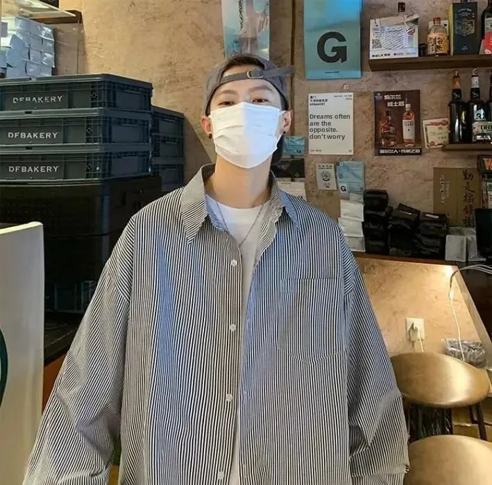 Men's Long Sleeve Oxford Cloth Shirt - Casual Striped Workwear Jacket Style