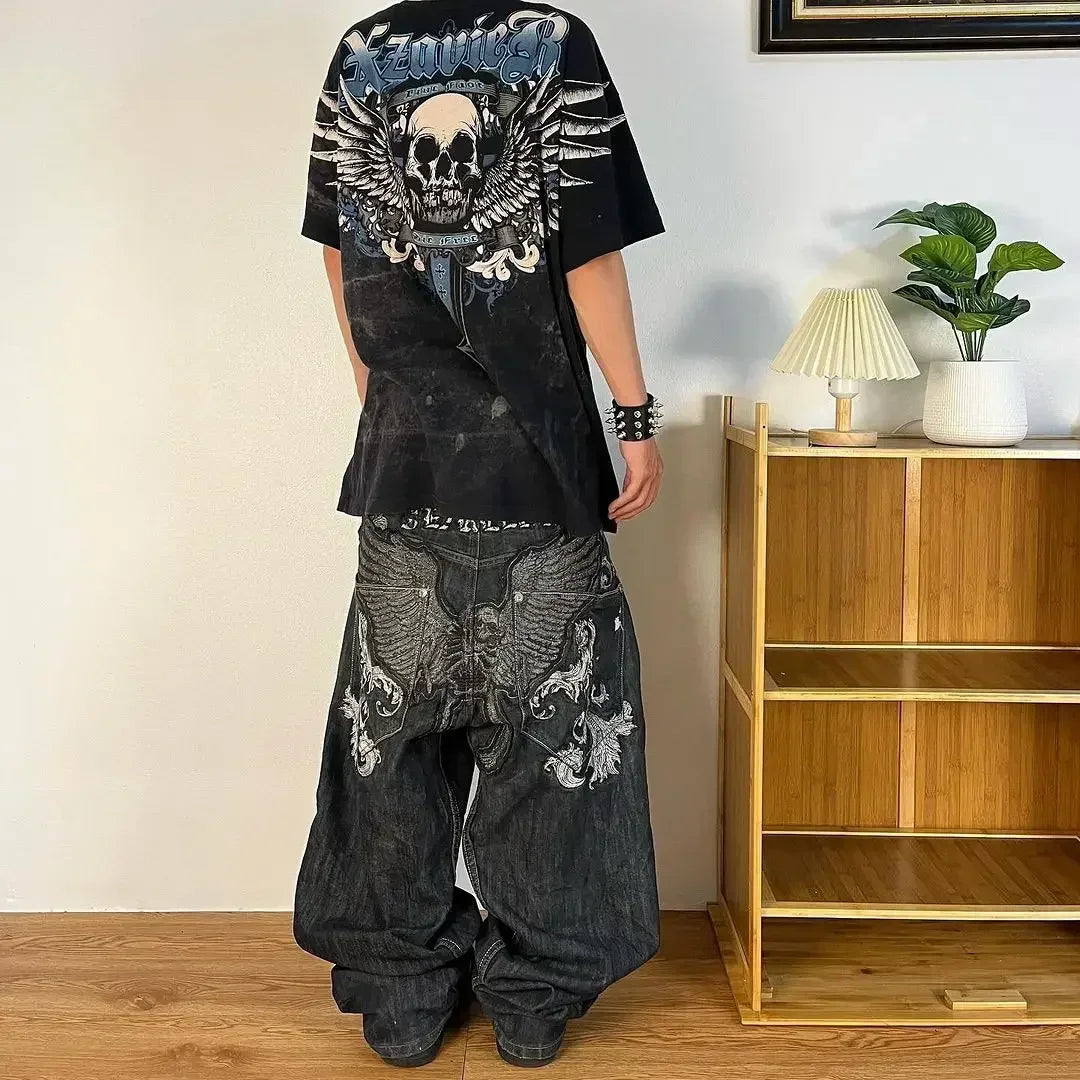 Jeans letter embroidered black loose trousers Couple fashion retro new athlete street clothing Y2K Harajuku street wear trousers - trendingshoping.com