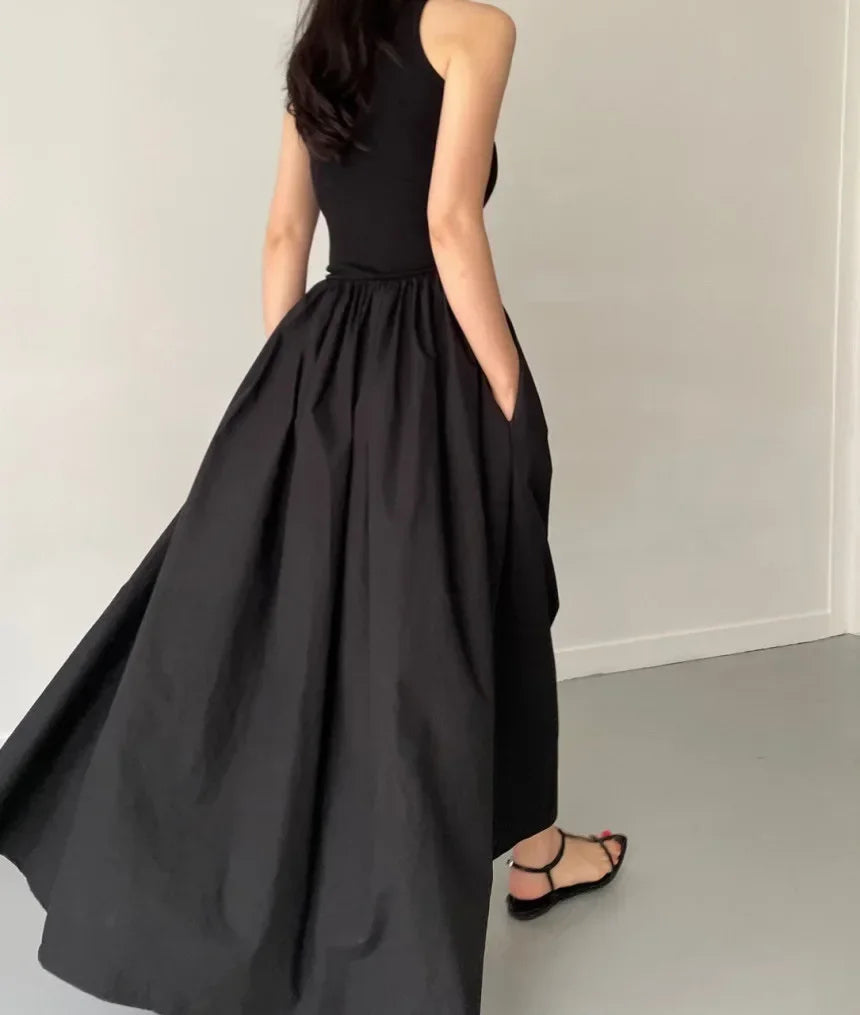 Women Black Long Dress Sleeveless Round Neck Elegant Style