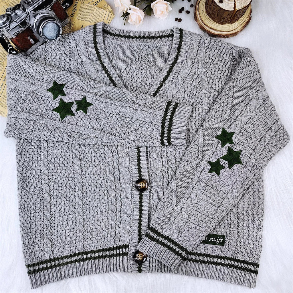Knit Print Winter Cardigan Sweater Chic Vintage Star Preppy Long Sleeve Autumn V Neck Aesthetic Retro Single Breasted Sweaters - trendingshoping.com