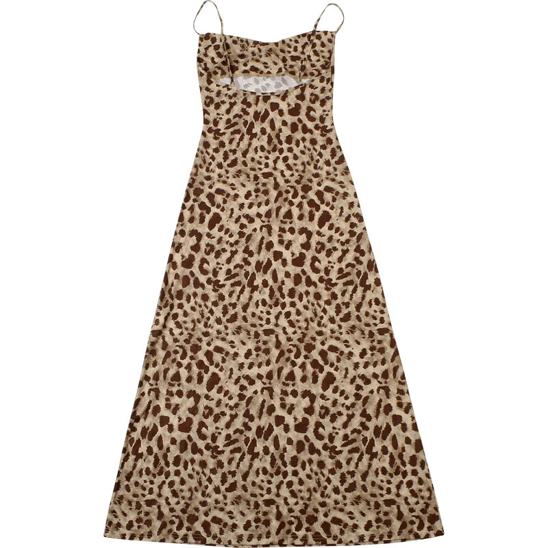 Weird Puss Leopard Print Dress Woman Summer Sexy Swing Collar Spaghetti Straps Backless Ruffles Party Clubwear Skinny Vestidos