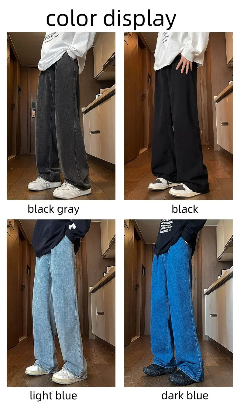 Mens Black Gray Loose Straight Wide Leg Jeans Casual Pantslue