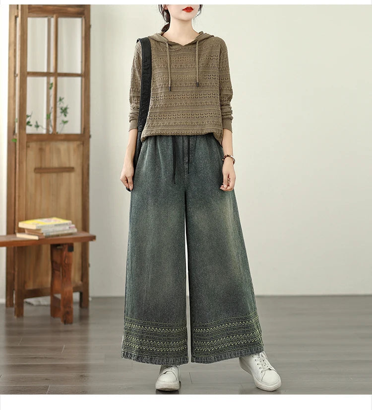 Jeans Women 2025 Autumn New Jeans Retro Heavy Industry Embroidery Ethnic Style Elastic Waist Casual Oversized Wide Leg Pants - trendingshoping.com
