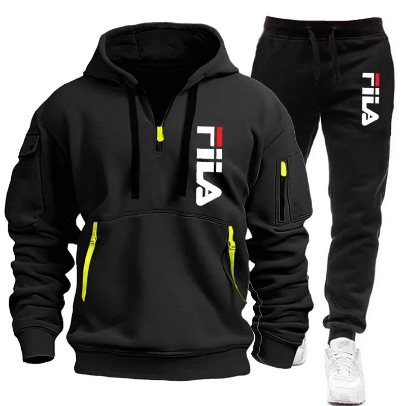 FILA 2026 Men's Autumn Winter Hoodie & Pants Set – Two-Piece Pullover Sportswear, Outdoor Multi-Pocket Sweatshirt