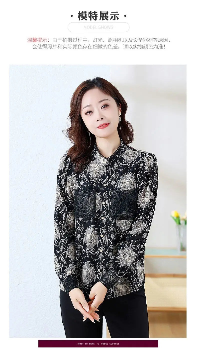Women's Printed Satin Shirt - Slim Fit Long Sleeve Blouse for Spring & Autumn, Office Wear