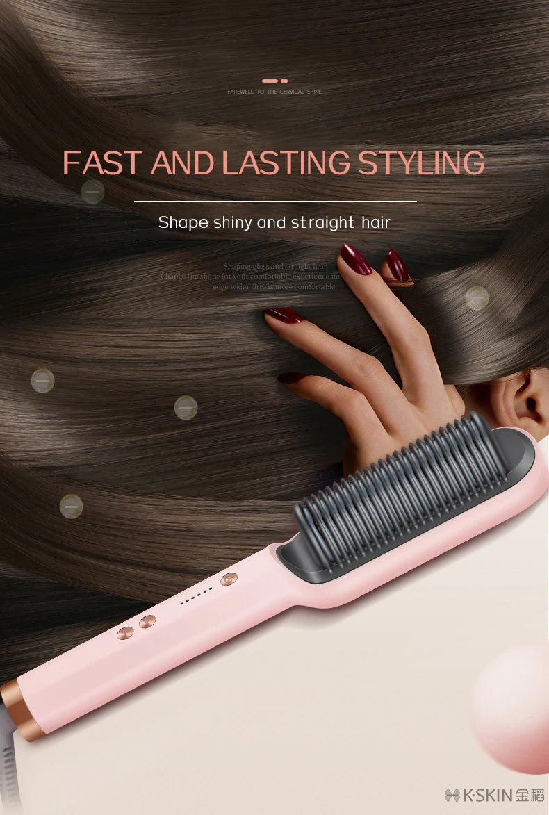 KSKIN 2-in-1 Hair Straightener Brush - Ionic Ceramic Hair Flat Iron Comb,Pink