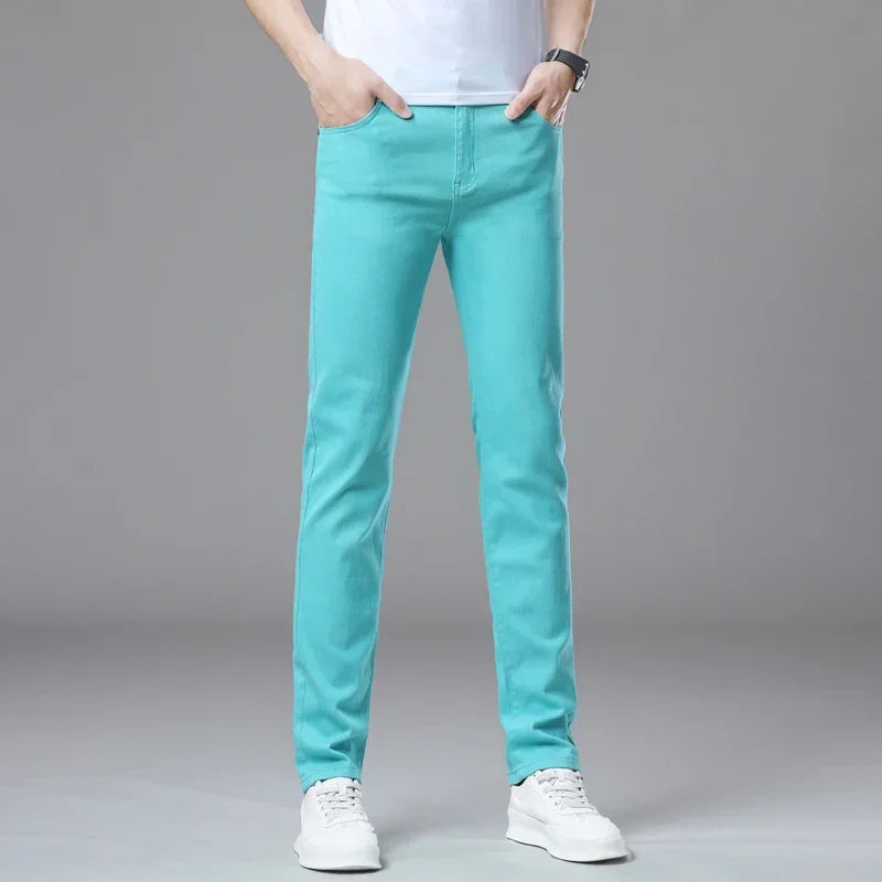 White Jeans Mens Fashion Straight Elastic Cotton Denim Pants Spring Autumn Business Casual Trousers