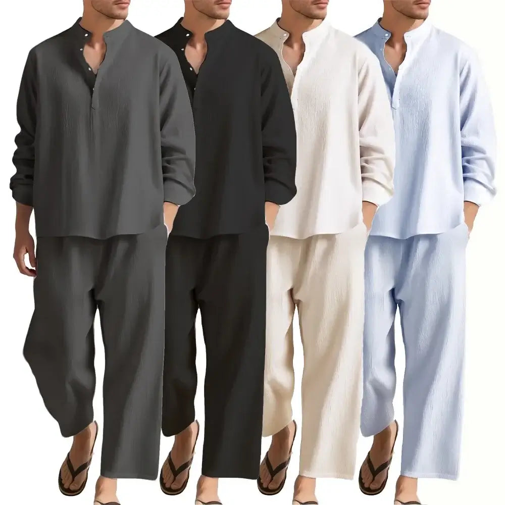 Men’s Long Sleeve Shirt and Pants Set Solid Color Tracksuit Beach Vacation Wear