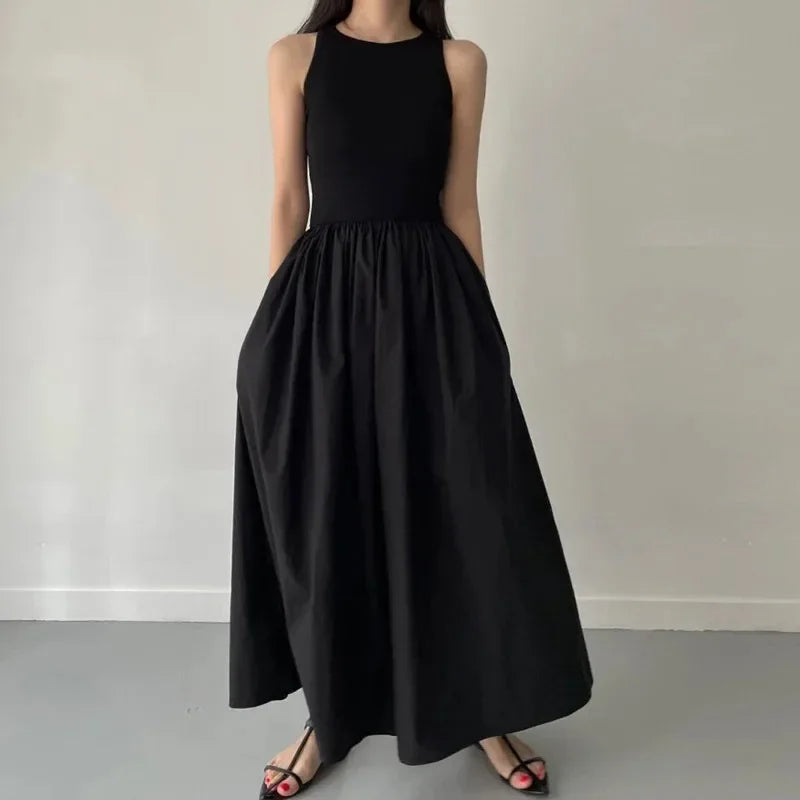 Women Black Long Dress Sleeveless Round Neck Elegant Style