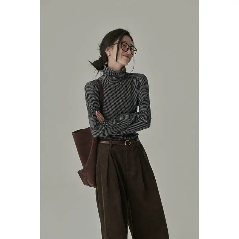 Striped T-shirts Women Spring Cozy Long Sleeved All-match Daily Elegant Classic Turtleneck Tops Hot Sales Korean Style Clothing