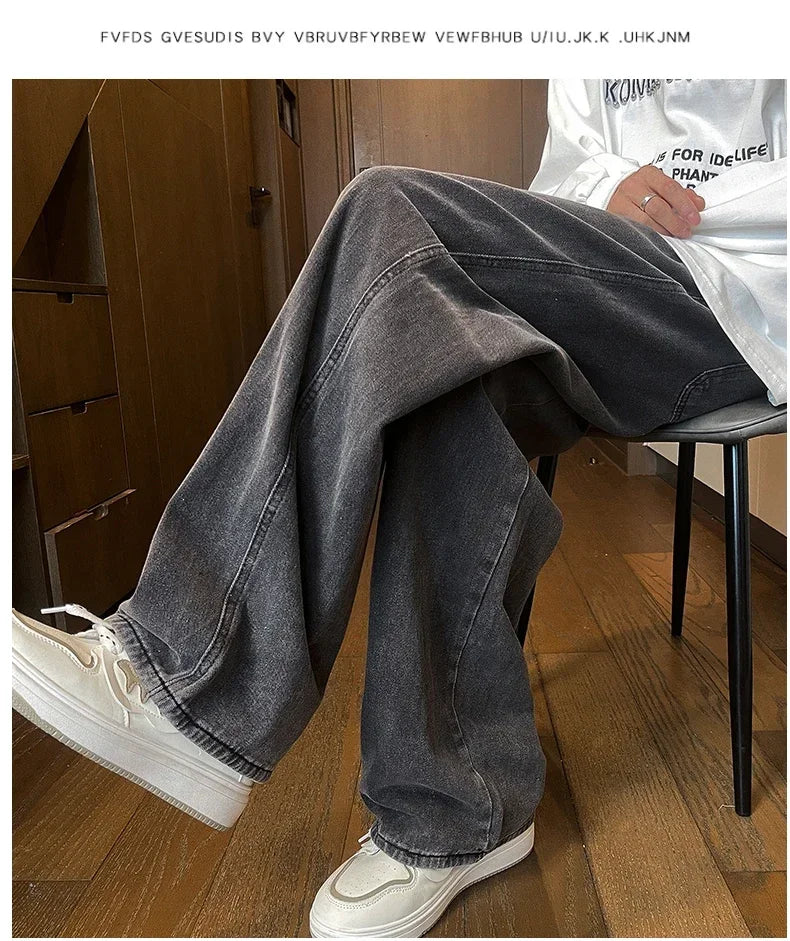 Mens Black Gray Loose Straight Wide Leg Jeans Casual Pantslue