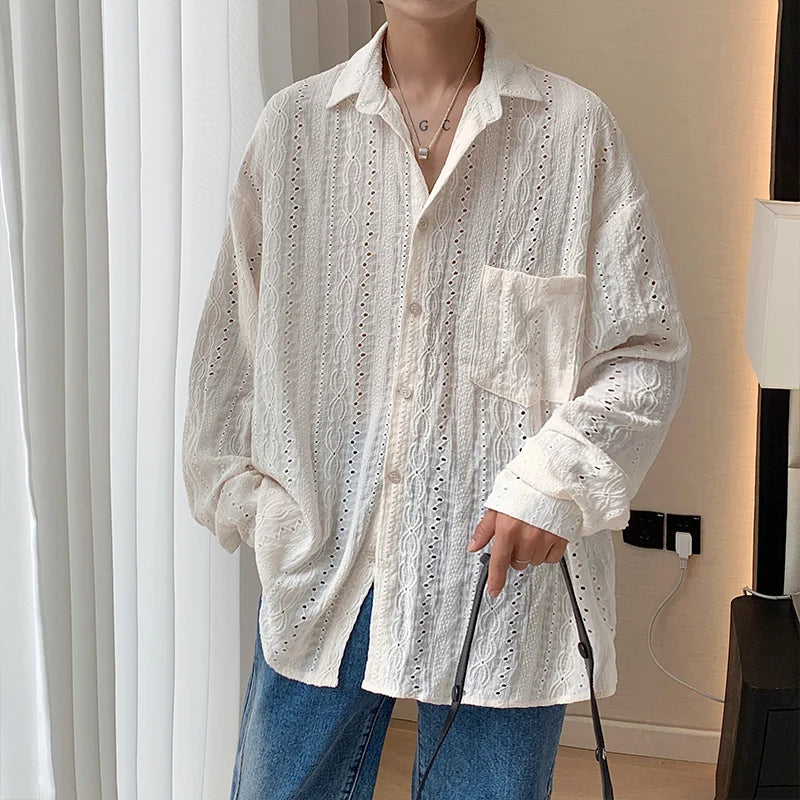 Men's Mesh Long Sleeve Shirt - Sexy Hollow Out Vacation Button-Down