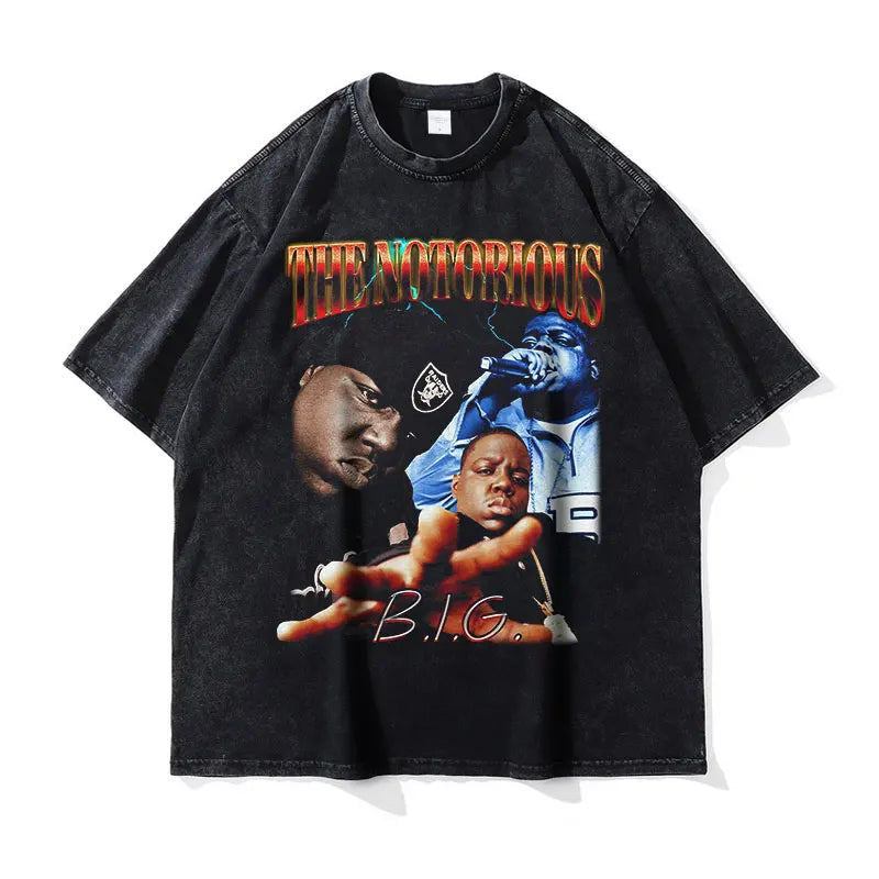 Biggie T Shirts Vintage Washed Hip Hop Rapper Singer Harajuku T-shirt Oversized DTG Y2K Short Sleeve Tops Tees Men 100% Cotton
