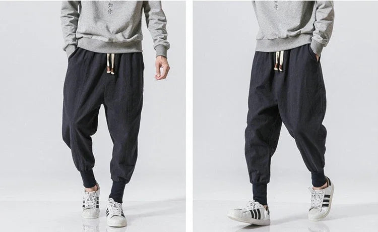 Men’s Cotton Linen Harem Pants - Baggy Drop-Crotch Streetwear Joggers