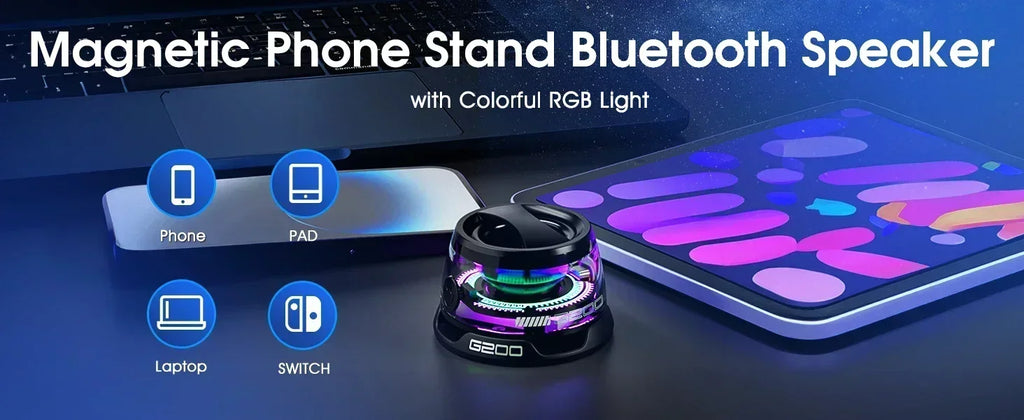 G200 Portable Bluetooth Speaker with Bluetooth 5.3, RGB Ambient Light, Long Battery Life & Magnetic Phone Stand