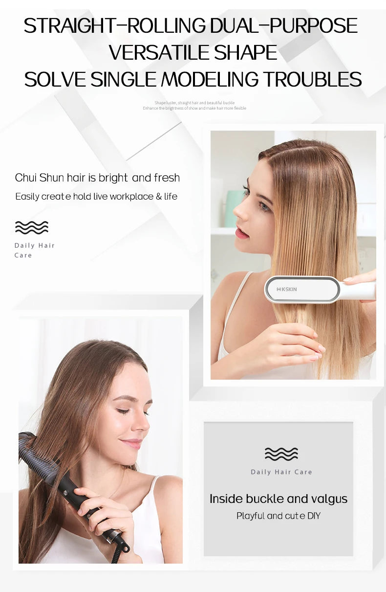 KSKIN 2-in-1 Hair Straightener Brush - Ionic Ceramic Hair Flat Iron Comb,Pink