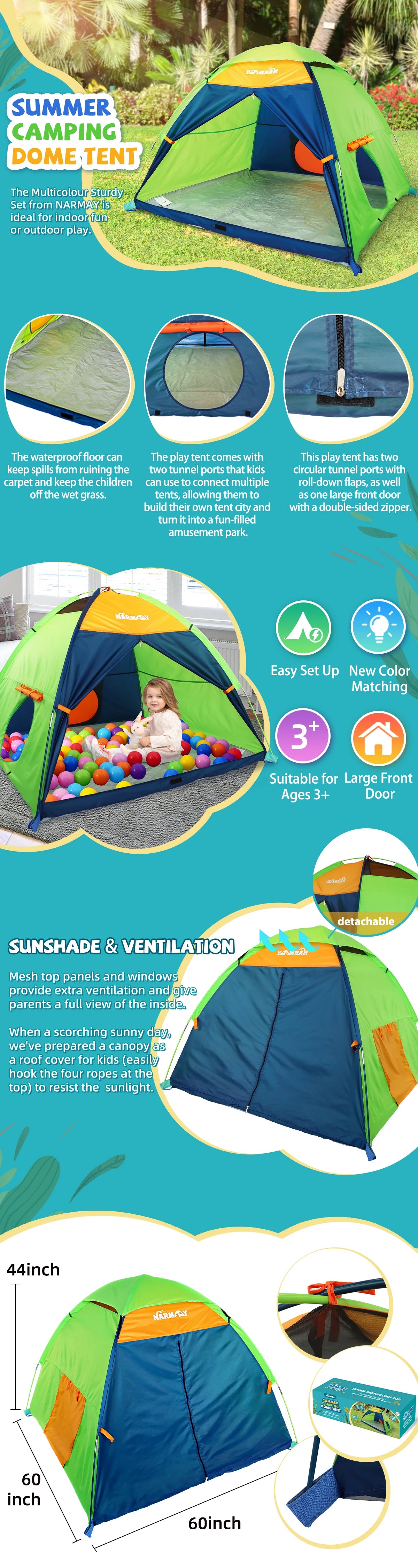 Kids Camping Play Tent Indoor Outdoor Pretend Play Large Playhouse Easy Assembly Unisex Gift For Games